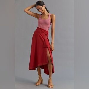 NWOT | Anthropologie Ruffled Asymmetrical Red Midi Skirt